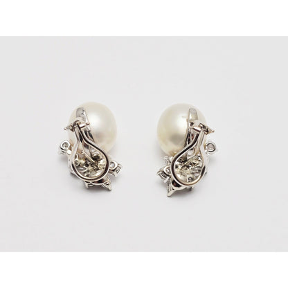 14K White Gold Pearl & Diamond French Clip Earrings