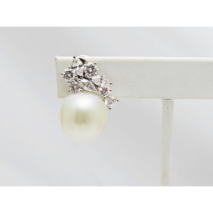 14K White Gold Pearl & Diamond French Clip Earrings