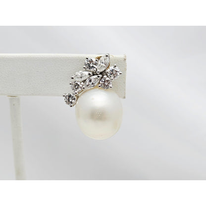 14K White Gold Pearl & Diamond French Clip Earrings