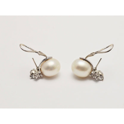 14K White Gold Pearl & Diamond French Clip Earrings