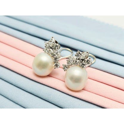 14K White Gold Pearl & Diamond French Clip Earrings