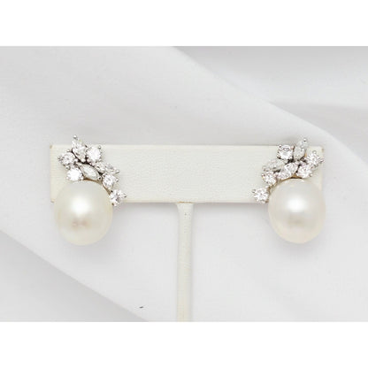 14K White Gold Pearl & Diamond French Clip Earrings