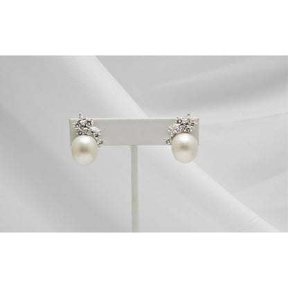 14K White Gold Pearl & Diamond French Clip Earrings
