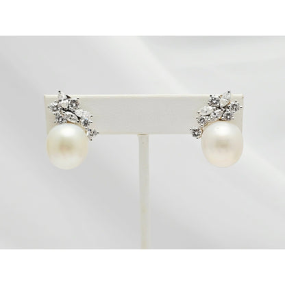 14K White Gold Pearl & Diamond French Clip Earrings