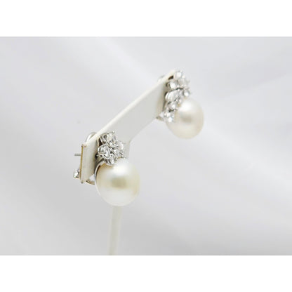 14K White Gold Pearl & Diamond French Clip Earrings