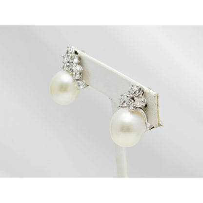 14K White Gold Pearl & Diamond French Clip Earrings