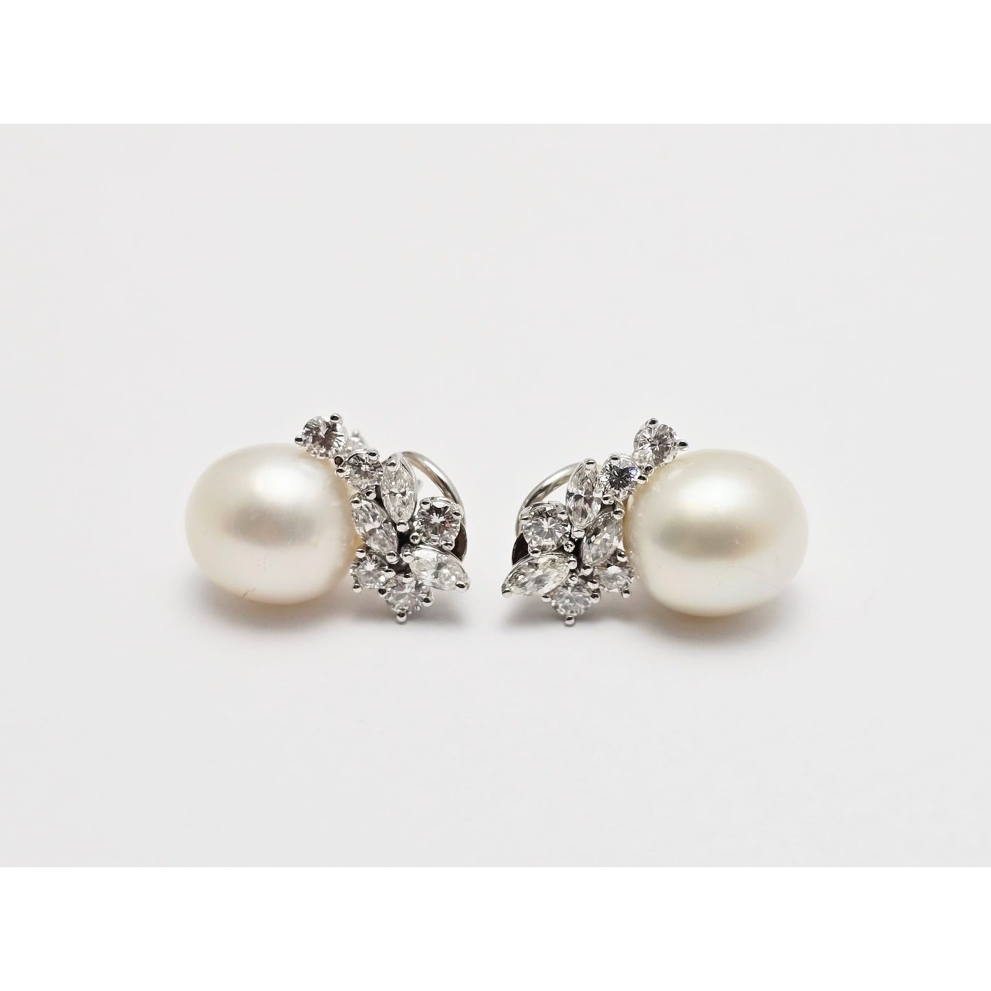14K White Gold Pearl & Diamond French Clip Earrings