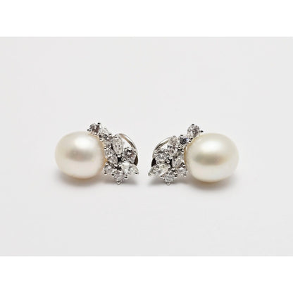 14K White Gold Pearl & Diamond French Clip Earrings