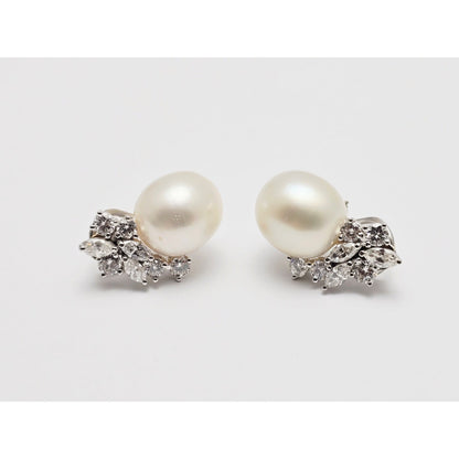 14K White Gold Pearl & Diamond French Clip Earrings