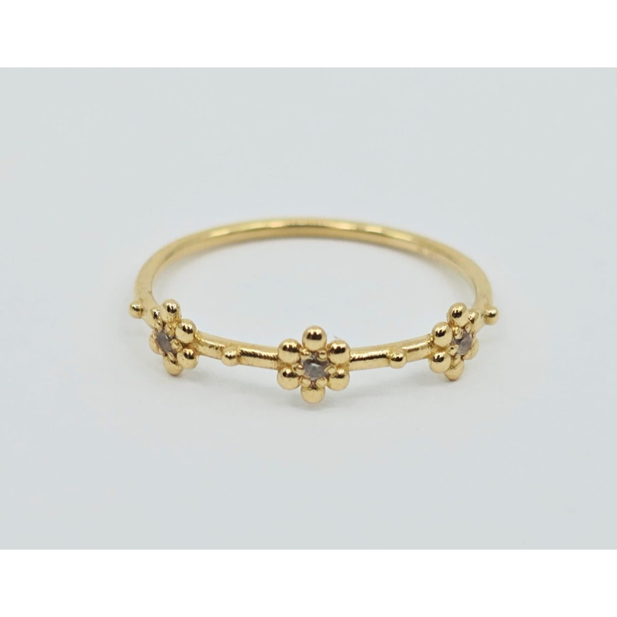 18K Yellow Gold Floral Flower CZ Ring