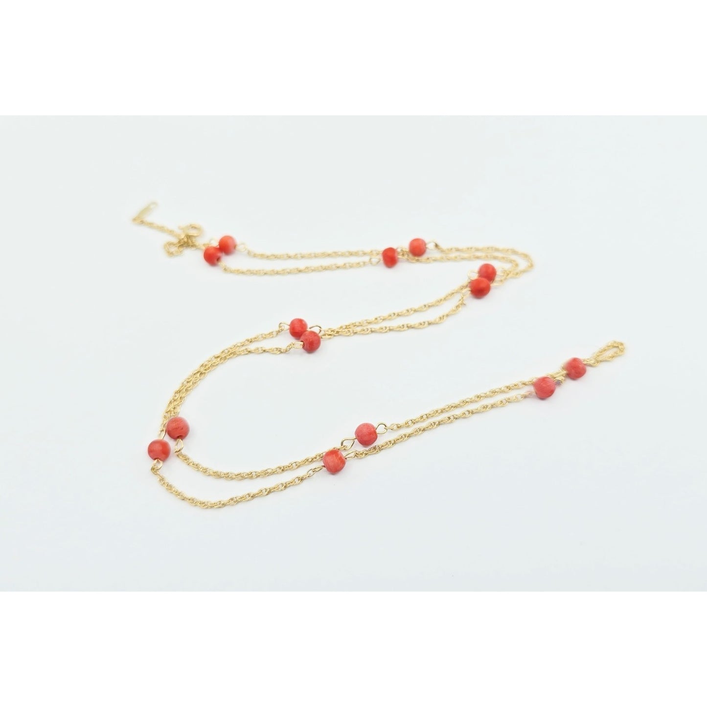 14K Yellow Gold Red Coral Custom Link Chain Necklace