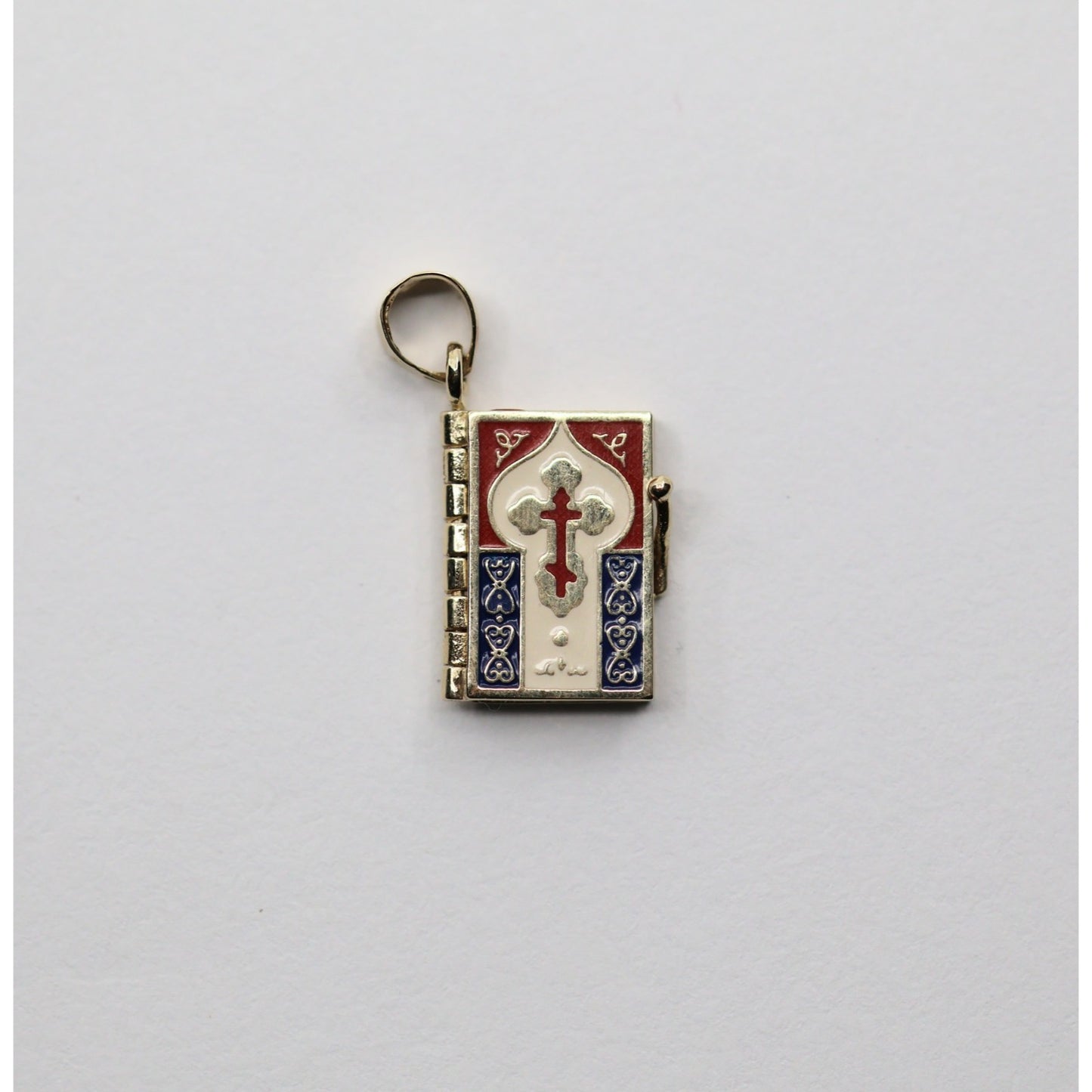 14K Yellow Gold Religious Russian Orthodox Enamel Holy Bible Book Pendant Charm