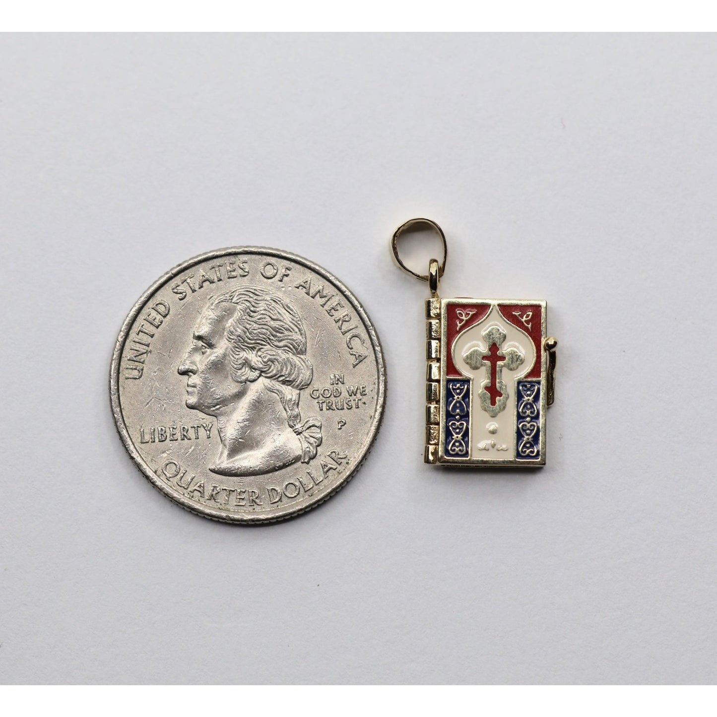 14K Yellow Gold Religious Russian Orthodox Enamel Holy Bible Book Pendant Charm