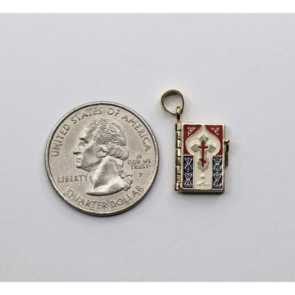 14K Yellow Gold Religious Russian Orthodox Enamel Holy Bible Book Pendant Charm