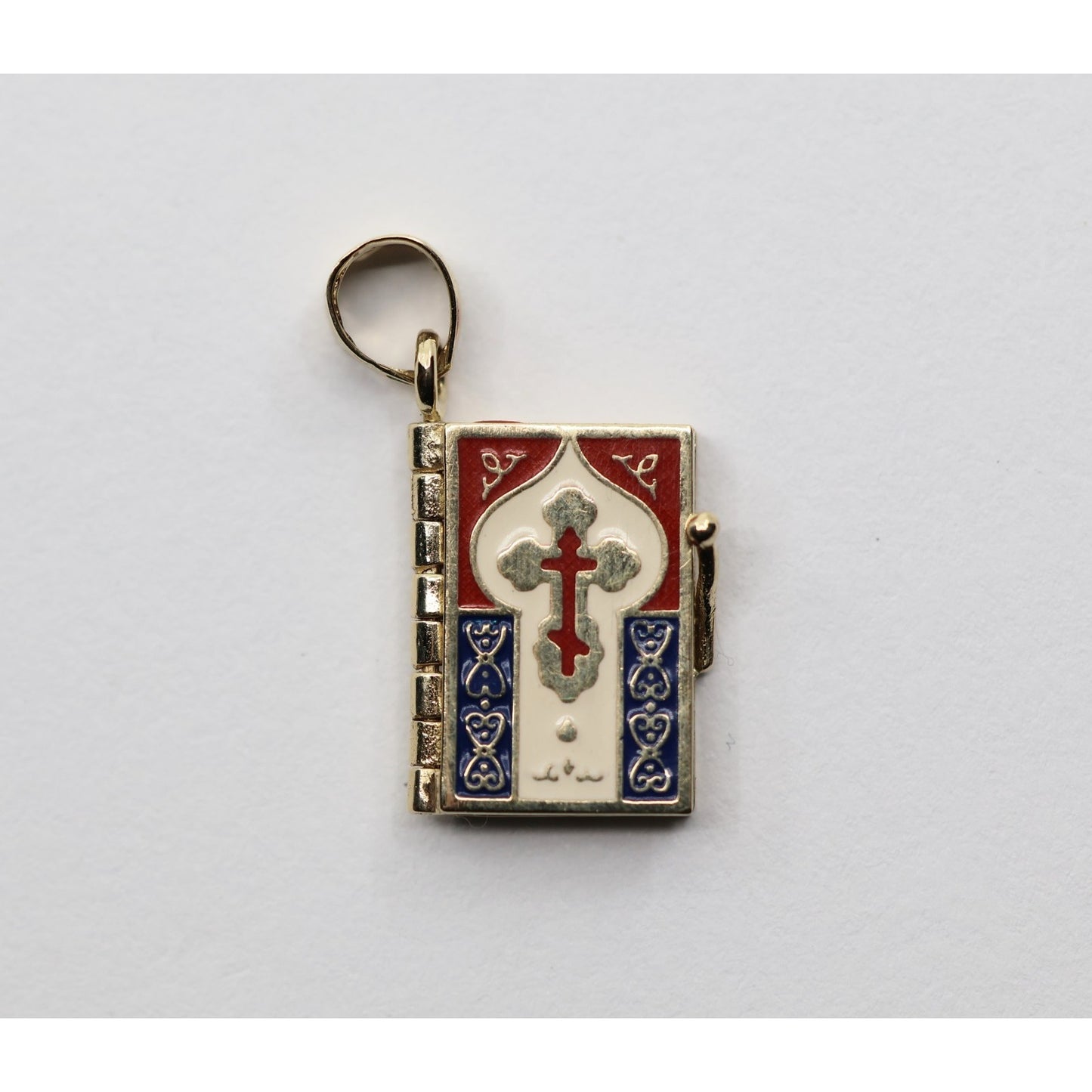 14K Yellow Gold Religious Russian Orthodox Enamel Holy Bible Book Pendant Charm