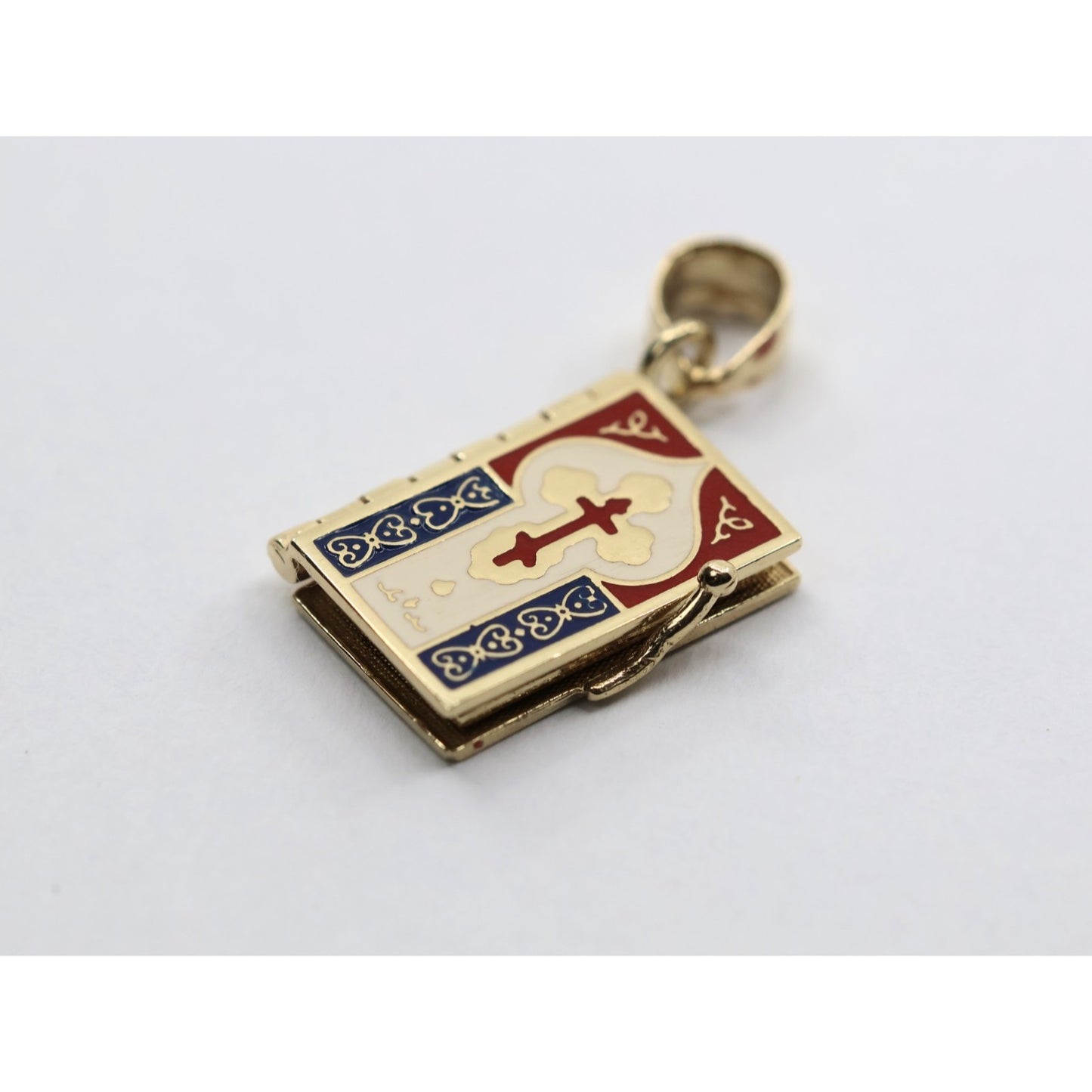 14K Yellow Gold Religious Russian Orthodox Enamel Holy Bible Book Pendant Charm