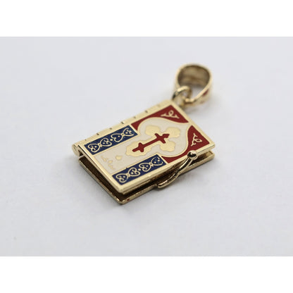 14K Yellow Gold Religious Russian Orthodox Enamel Holy Bible Book Pendant Charm