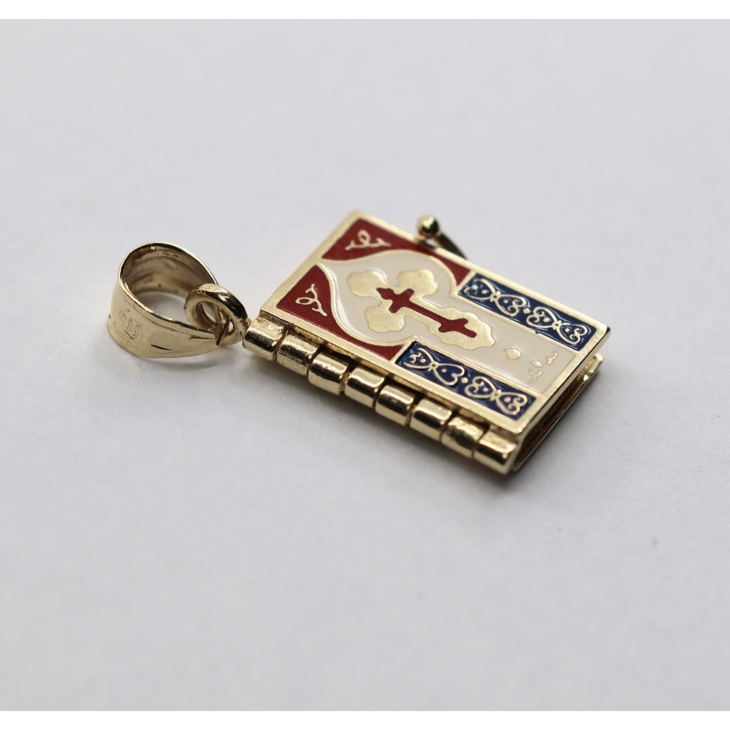 14K Yellow Gold Religious Russian Orthodox Enamel Holy Bible Book Pendant Charm