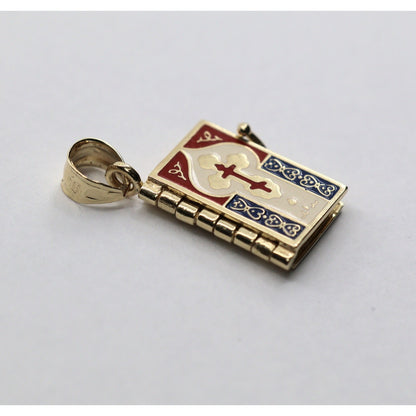 14K Yellow Gold Religious Russian Orthodox Enamel Holy Bible Book Pendant Charm