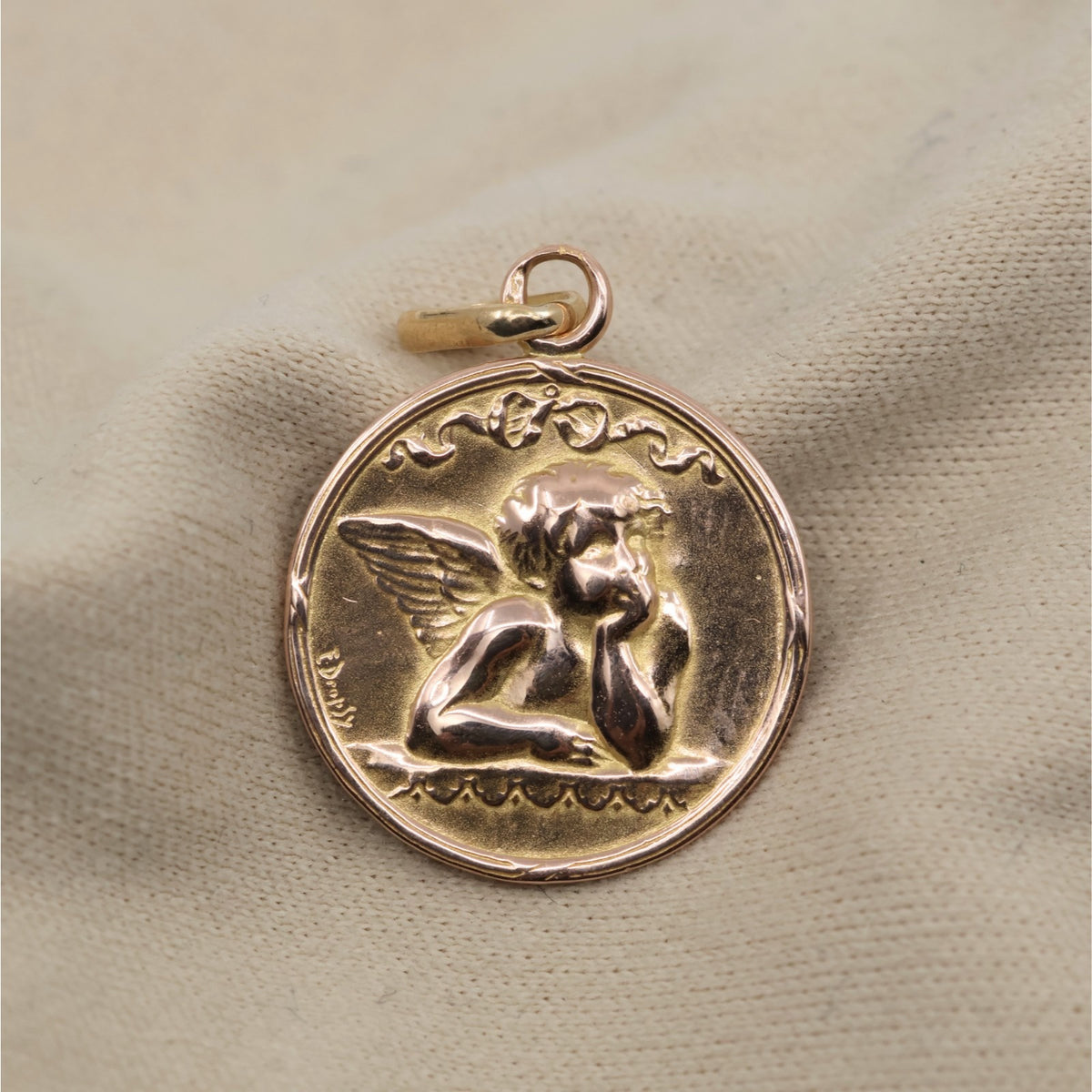 Vintage E Dropsy 18K Rose Gold Round Pensive Cherub Baby Angel Charm Pendant