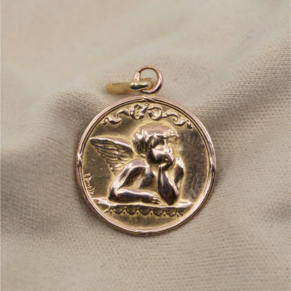 Vintage E Dropsy 18K Rose Gold Round Pensive Cherub Baby Angel Charm Pendant