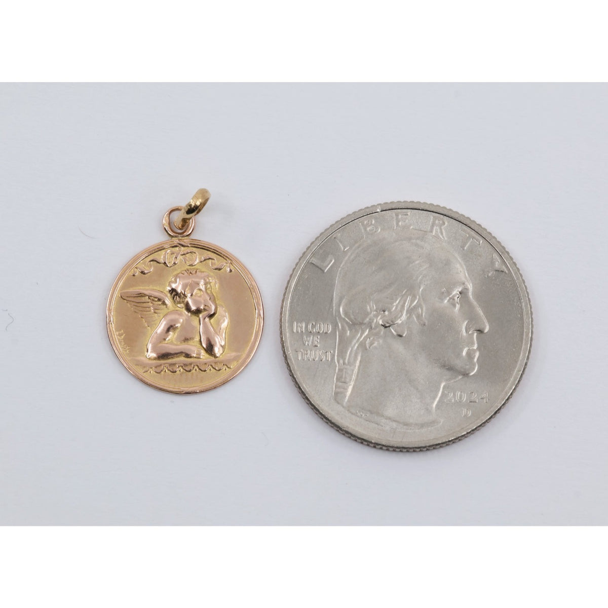 Vintage E Dropsy 18K Rose Gold Round Pensive Cherub Baby Angel Charm Pendant