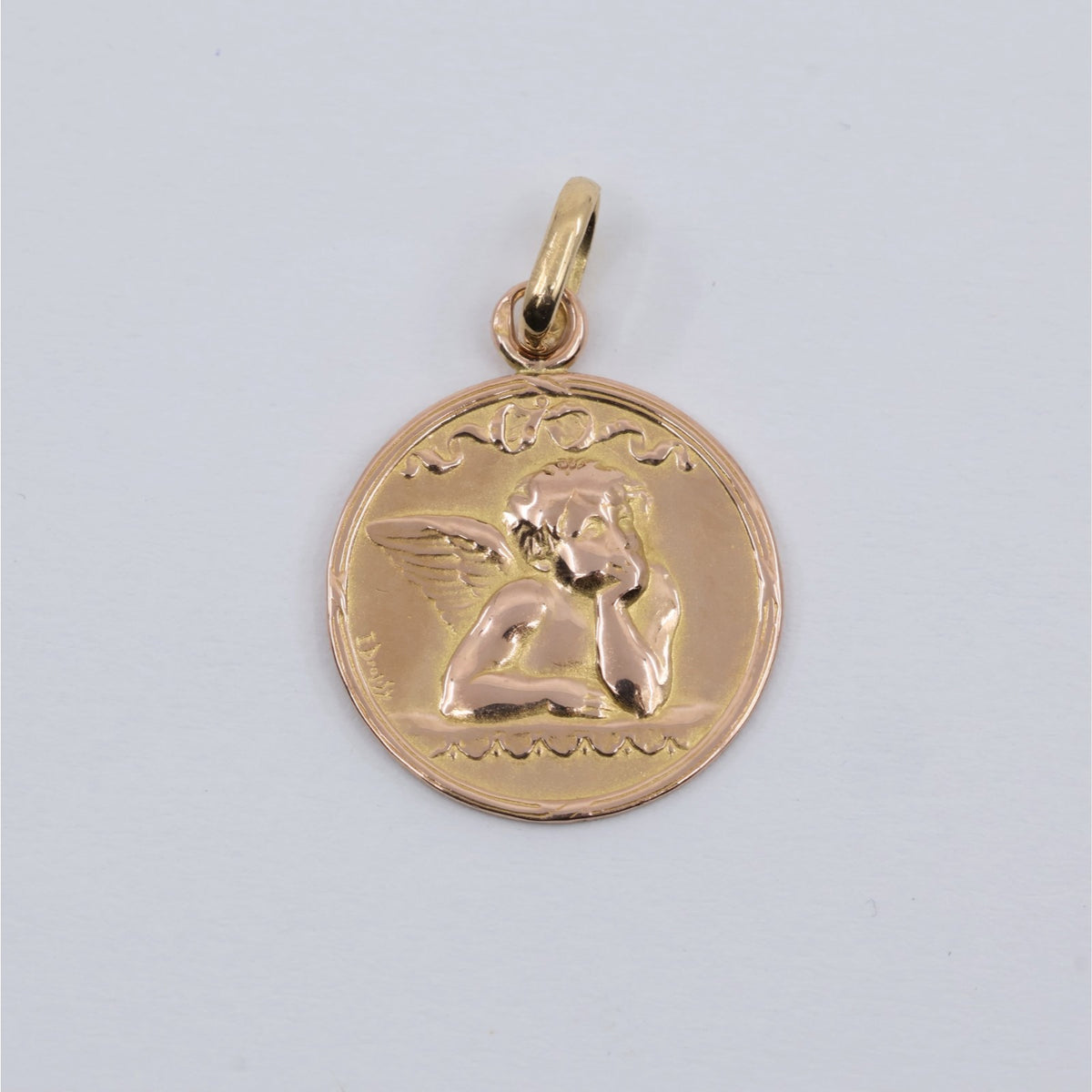Vintage E Dropsy 18K Rose Gold Round Pensive Cherub Baby Angel Charm Pendant