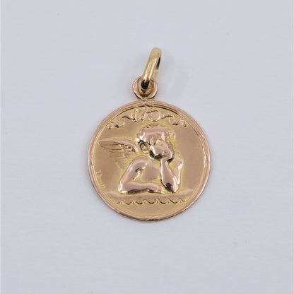 Vintage E Dropsy 18K Rose Gold Round Pensive Cherub Baby Angel Charm Pendant