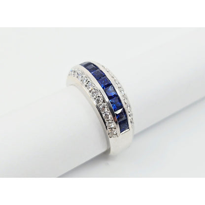 18K White Gold Princess Cut Sapphire & Round Cut Diamond Ring