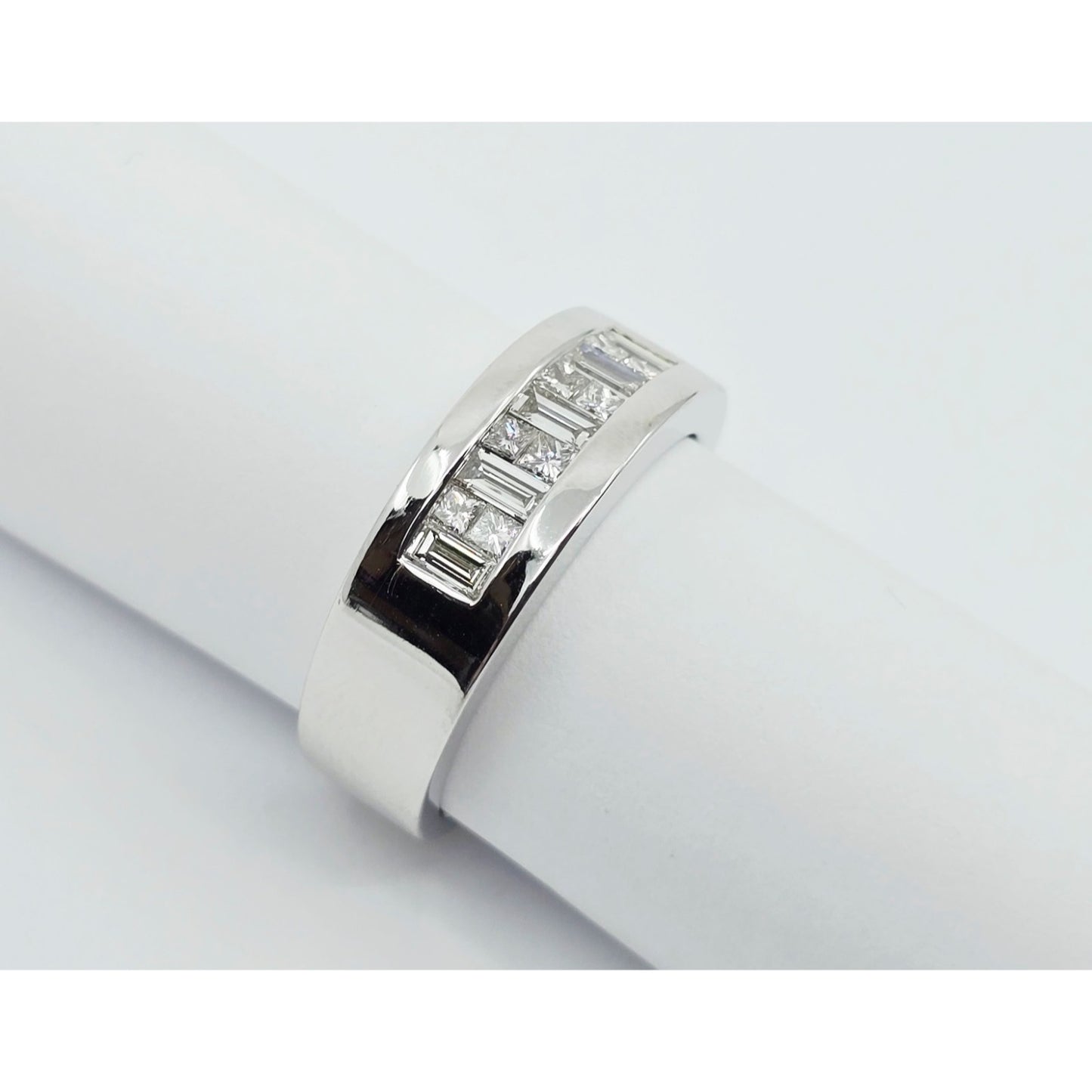 18K White Gold Baguette & Princess Cut Diamond Wide Band Ring