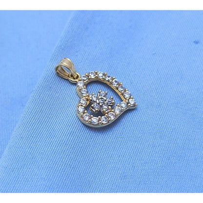 10K Yellow Gold Open Heart Flower White Cubic Zirconia Charm Pendant