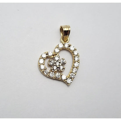 10K Yellow Gold Open Heart Flower White Cubic Zirconia Charm Pendant