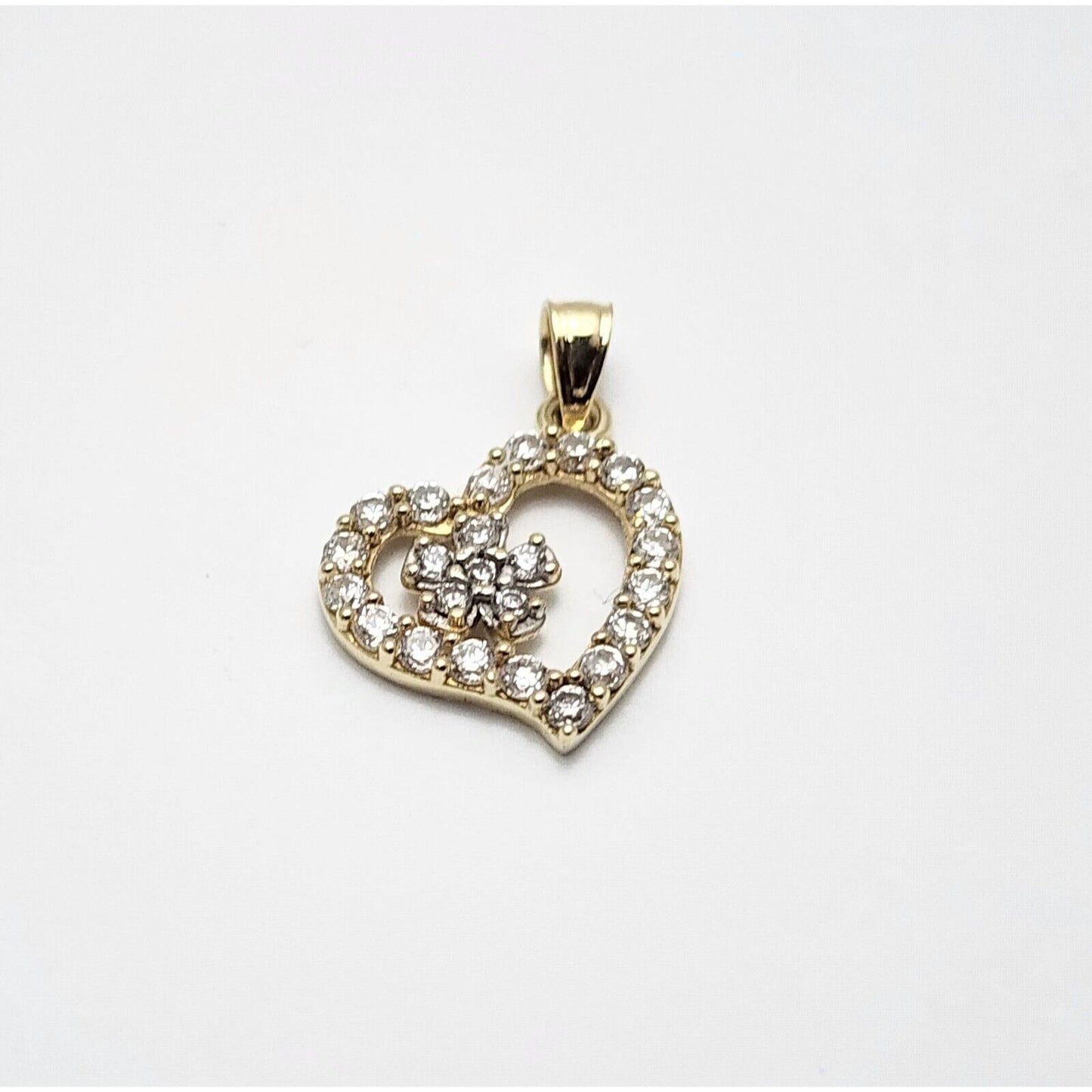 10K Yellow Gold Open Heart Flower White Cubic Zirconia Charm Pendant