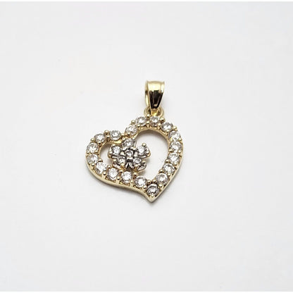 10K Yellow Gold Open Heart Flower White Cubic Zirconia Charm Pendant