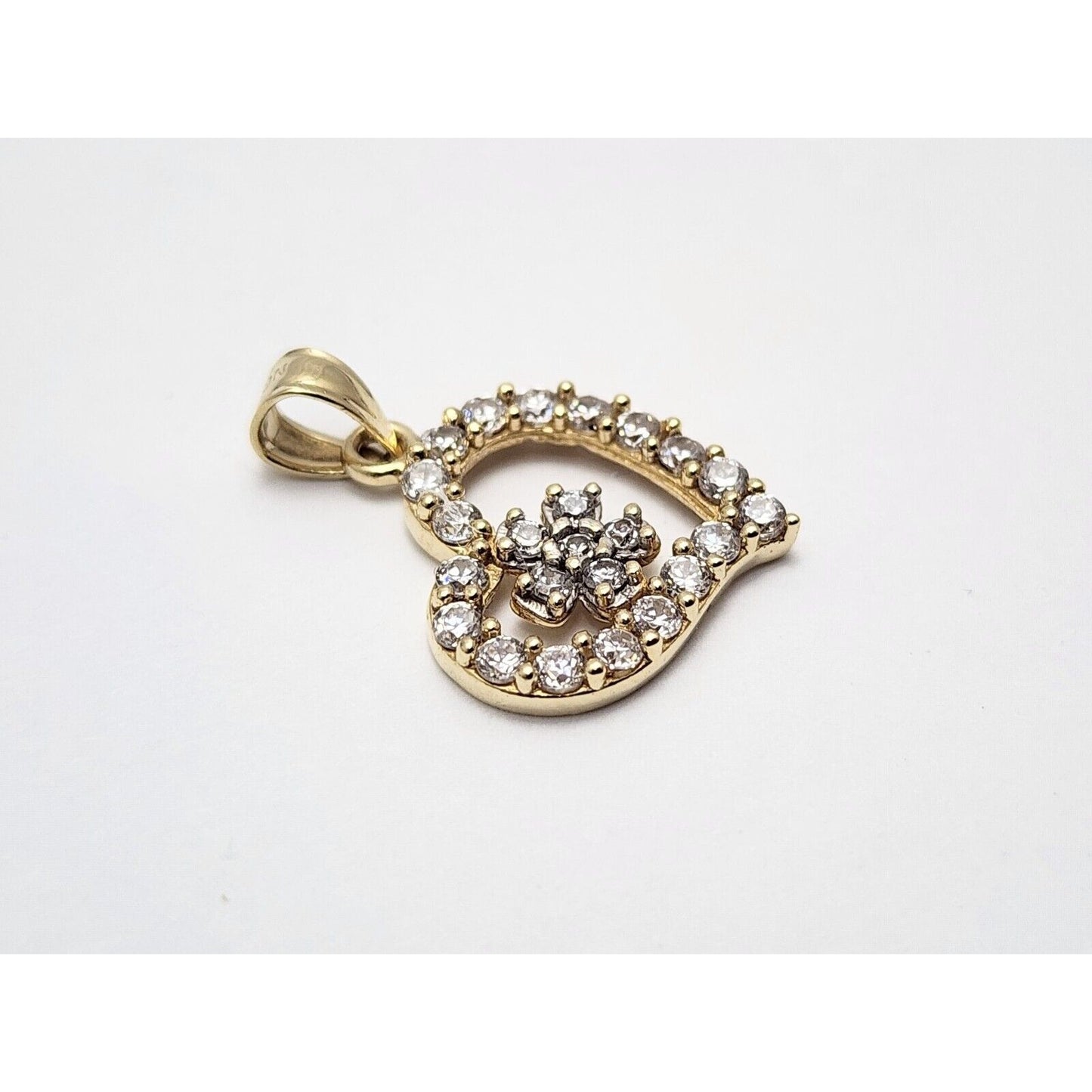 10K Yellow Gold Open Heart Flower White Cubic Zirconia Charm Pendant