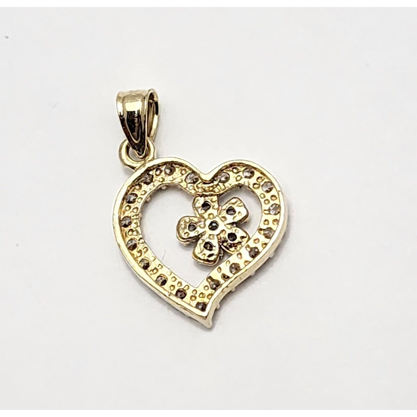 10K Yellow Gold Open Heart Flower White Cubic Zirconia Charm Pendant