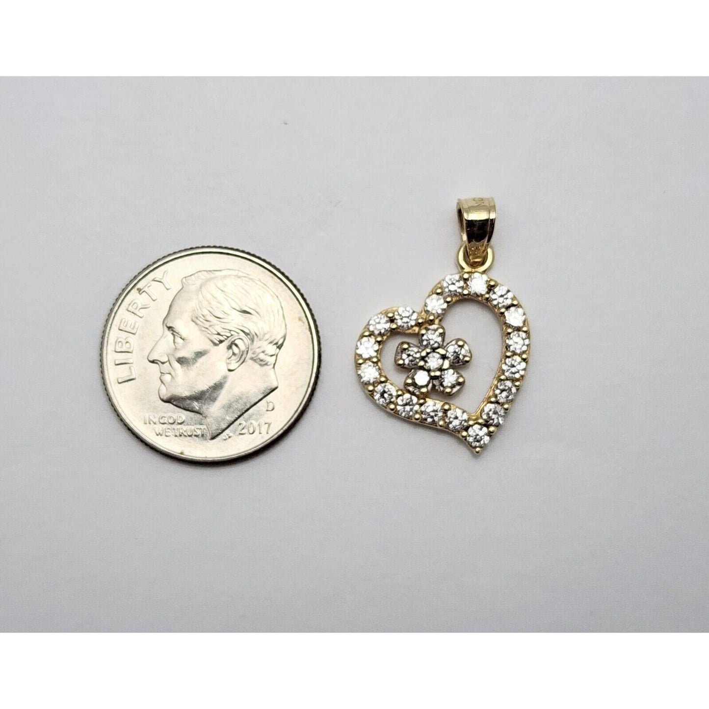 10K Yellow Gold Open Heart Flower White Cubic Zirconia Charm Pendant