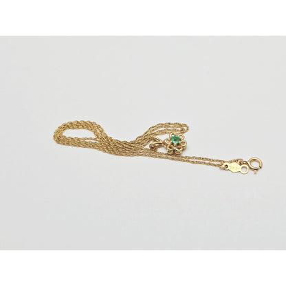14K Yellow Gold Mesh Link Chain Necklace & Flower Emerald Charm Pendant