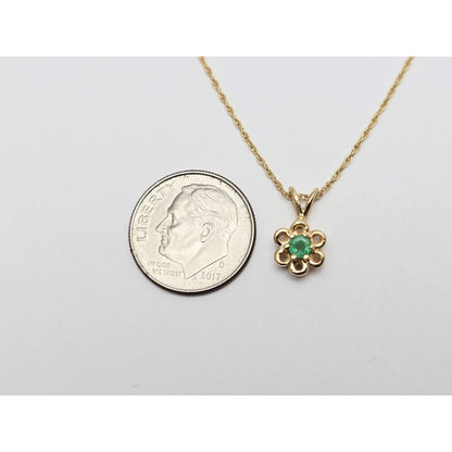 14K Yellow Gold Mesh Link Chain Necklace & Flower Emerald Charm Pendant