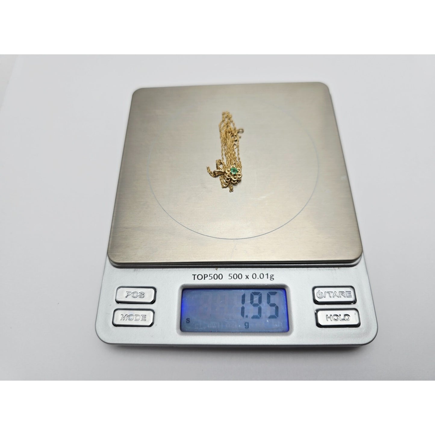 14K Yellow Gold Mesh Link Chain Necklace & Flower Emerald Charm Pendant