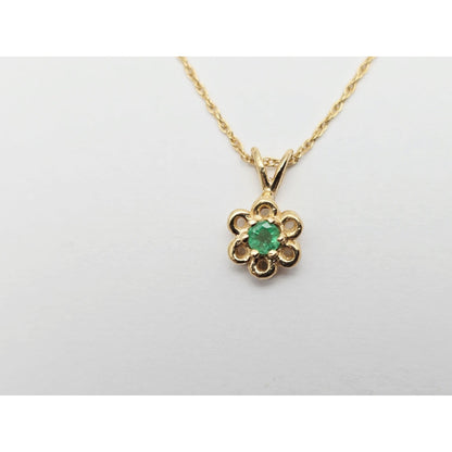 14K Yellow Gold Mesh Link Chain Necklace & Flower Emerald Charm Pendant