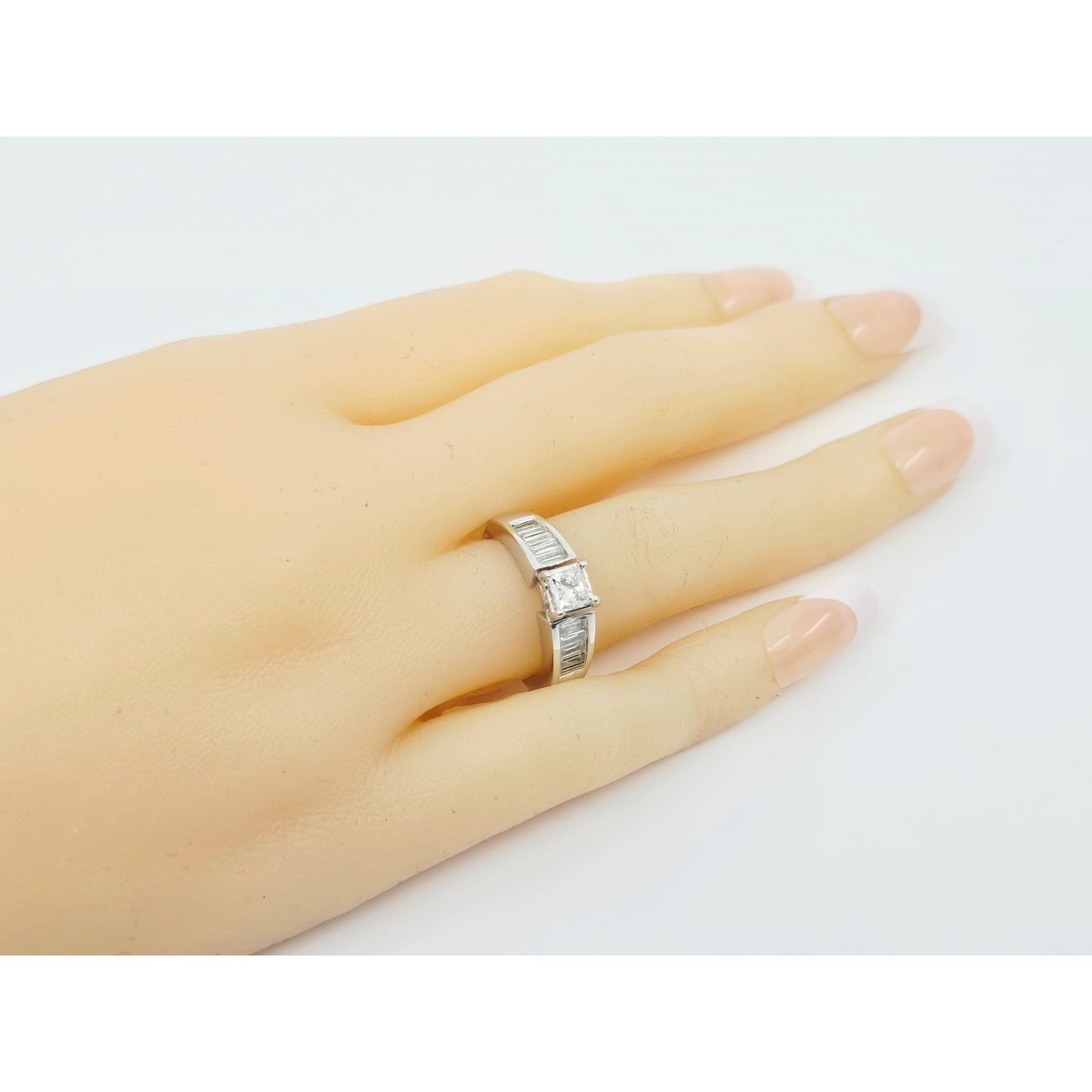 14K White Gold Princess & Baguette Cut Diamond Engagement Ring