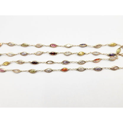 14K Yellow Gold Multi Colored Gemstone Link Chain Necklace