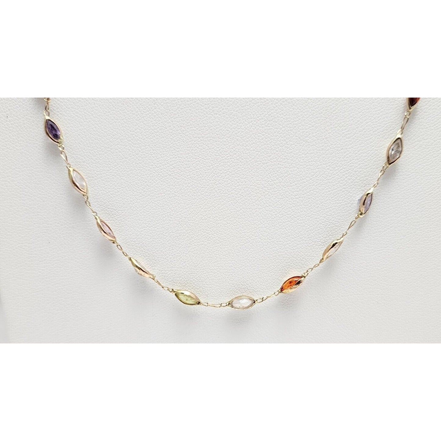 14K Yellow Gold Multi Colored Gemstone Link Chain Necklace