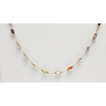 14K Yellow Gold Multi Colored Gemstone Link Chain Necklace