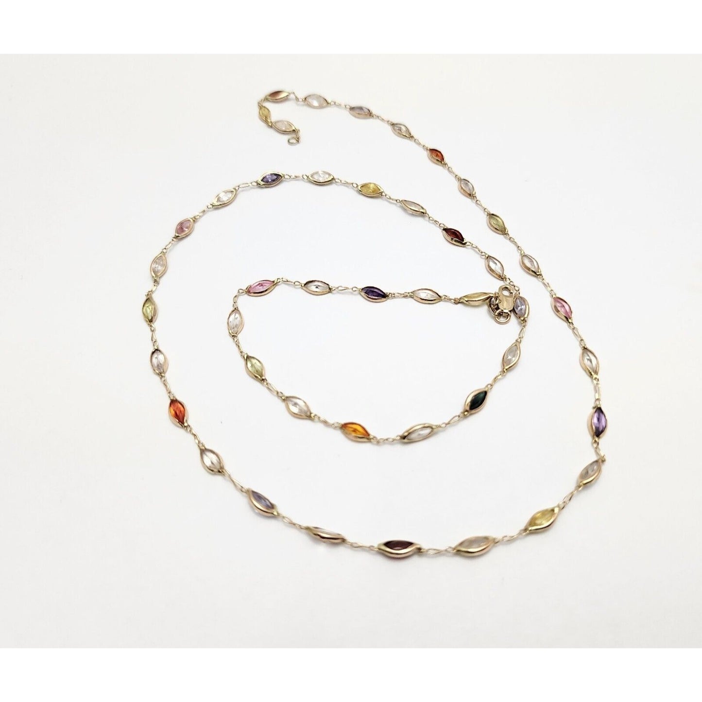 14K Yellow Gold Multi Colored Gemstone Link Chain Necklace