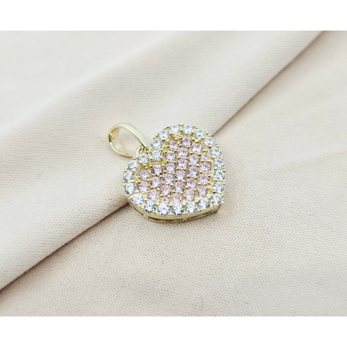 10K Yellow Gold 3D Heart Iced Pink CZ Charm Pendant