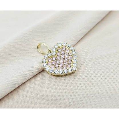 10K Yellow Gold 3D Heart Iced Pink CZ Charm Pendant