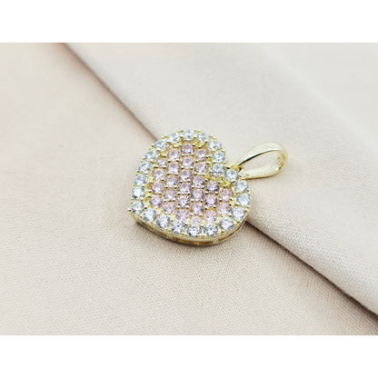 10K Yellow Gold 3D Heart Iced Pink CZ Charm Pendant