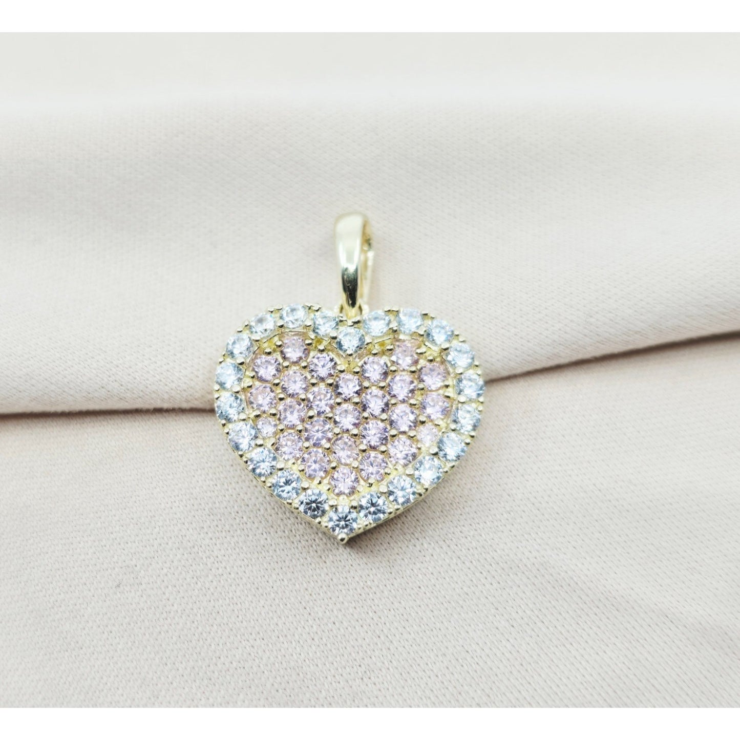 10K Yellow Gold 3D Heart Iced Pink CZ Charm Pendant